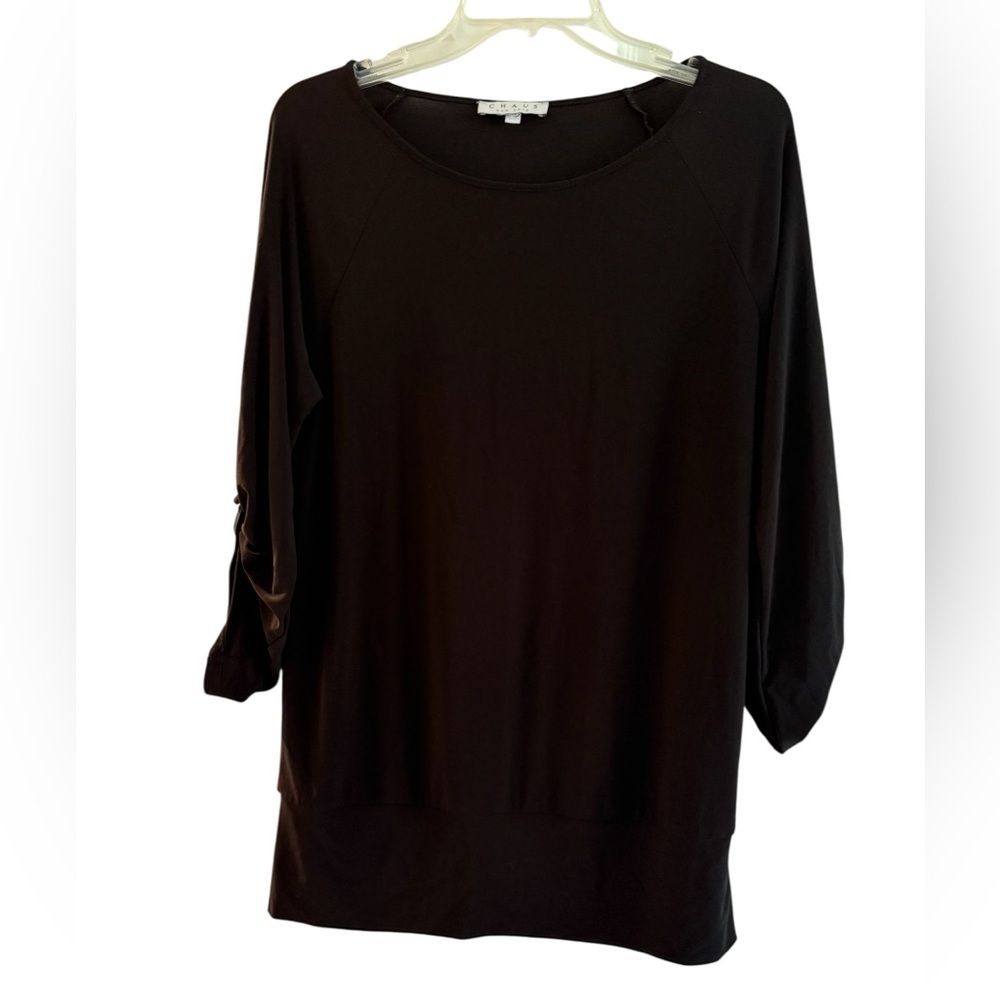 Chaus Elegant Black Women's Top long roll tab sleeves gold trim banded hem Large